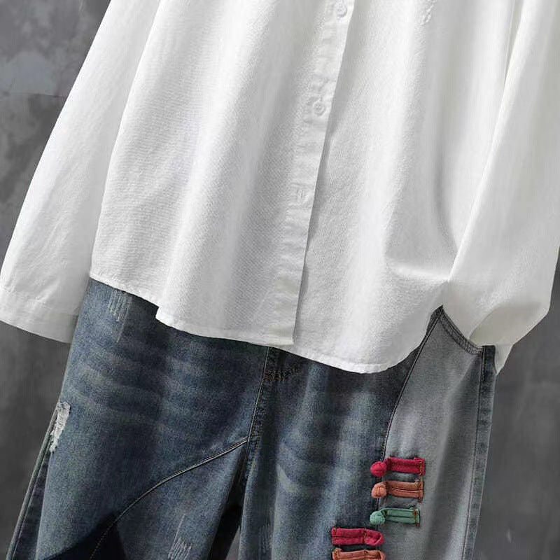 Pure Cotton Embroidered Long Sleeve Loose Casual Polo Collar Shirt