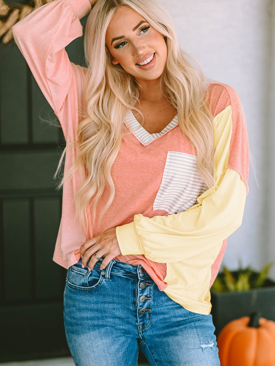 Long Sleeve V-neck Leisure Striped Shirt