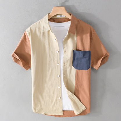 Patchwork Contrast Color Pocket Short Sleeve Shirt