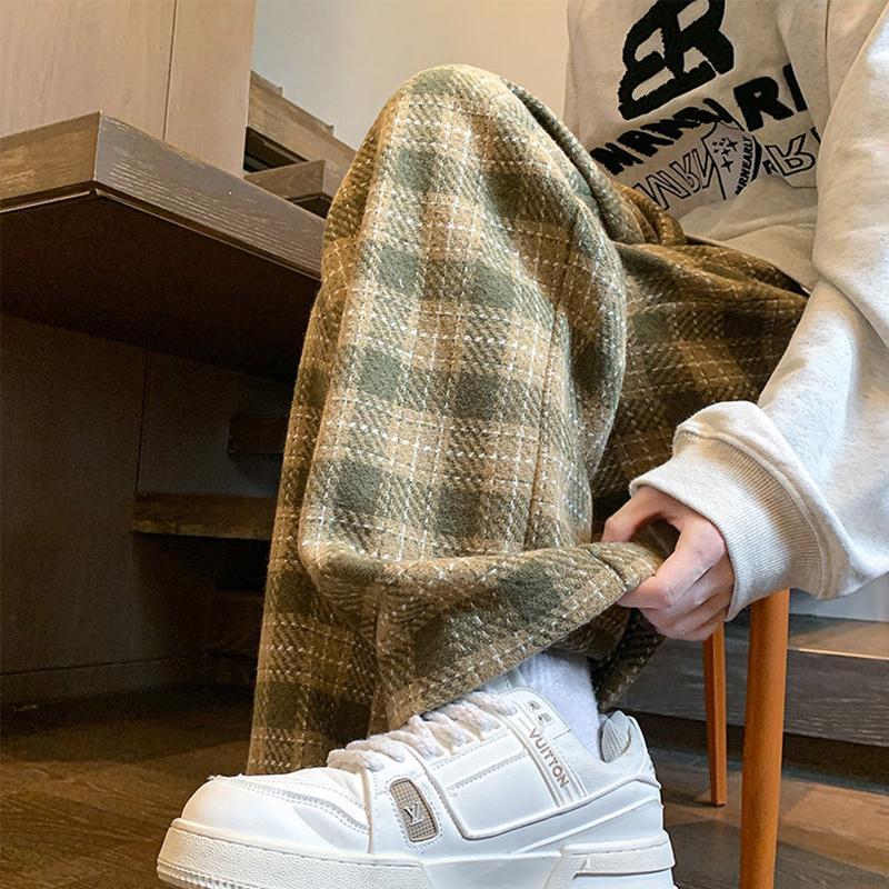 Plaid Pants Men's Spring Fashion Brand Workwear Loose Wide Leg Woolen Autumn And Winter Tide