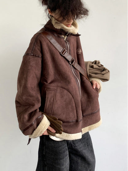 Brown Suede Stand Collar Lamb Wool Cotton-padded Jacket