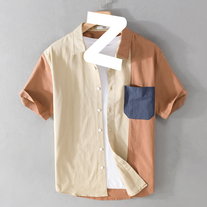 Patchwork Contrast Color Pocket Short Sleeve Shirt