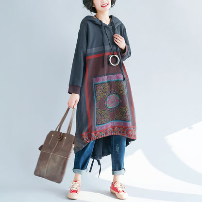 Hooded Sweater Loose Printed Long Dress Gradient Color