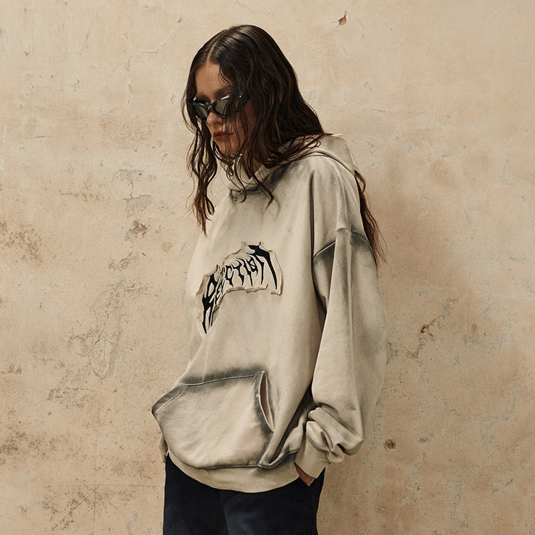 Embroidered Frayed Hem Design Hoodie