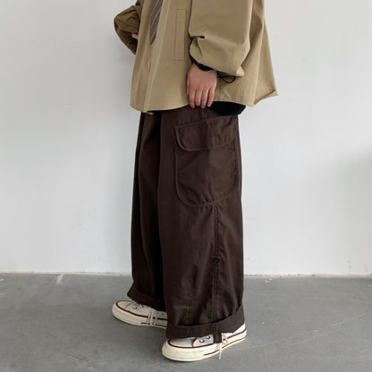 Japanese-Style Retro Large Pocket Curling Wide-leg Pants