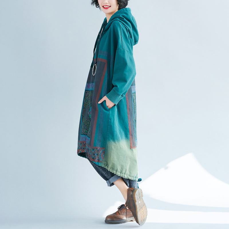 Hooded Sweater Loose Printed Long Dress Gradient Color