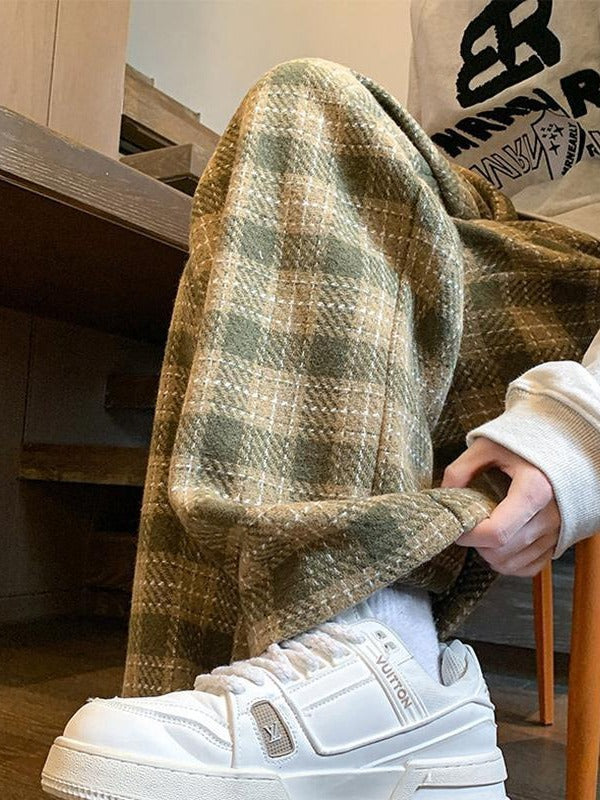 Plaid Pants Men's Spring Fashion Brand Workwear Loose Wide Leg Woolen Autumn And Winter Tide