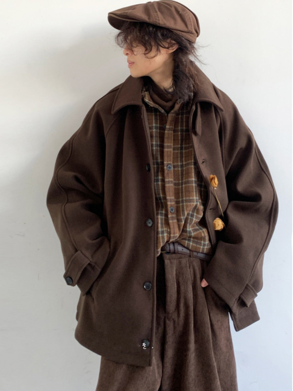 Single-breasted Woolen Raglan Sleeve Woolen Coat