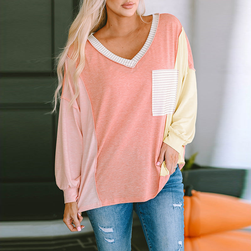 Long Sleeve V-neck Leisure Striped Shirt