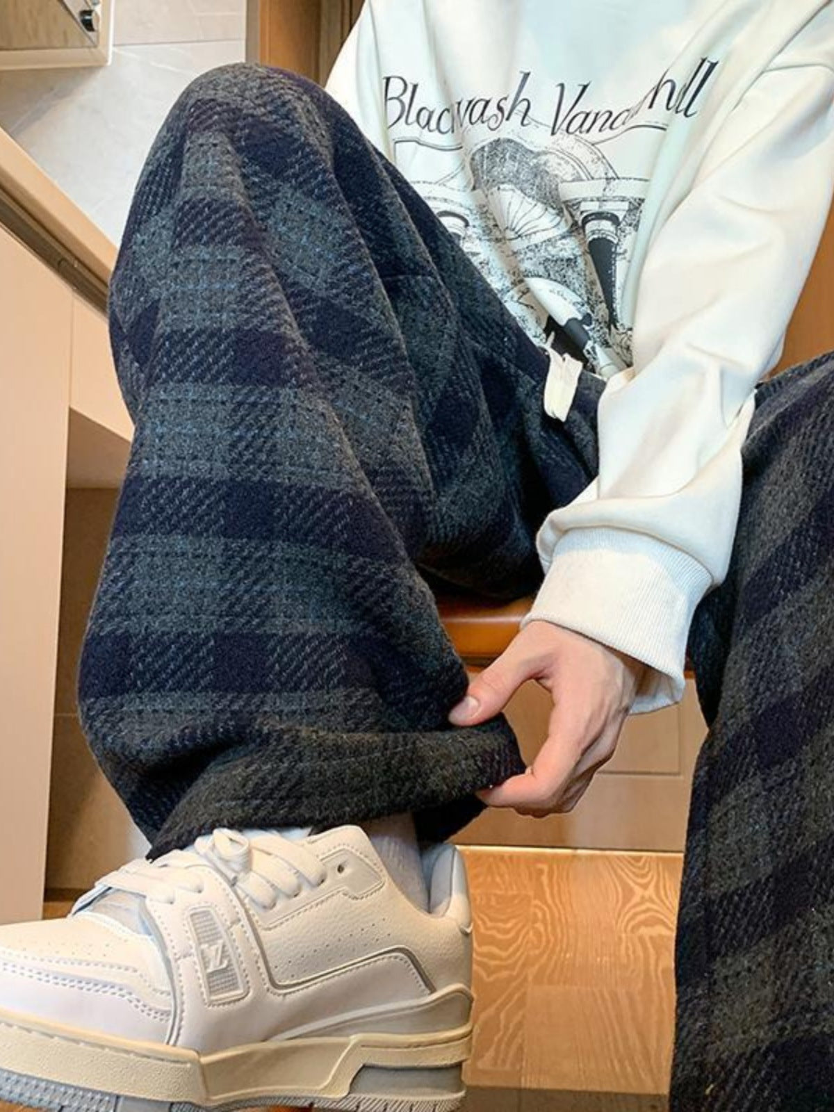 Plaid Pants Men's Spring Fashion Brand Workwear Loose Wide Leg Woolen Autumn And Winter Tide