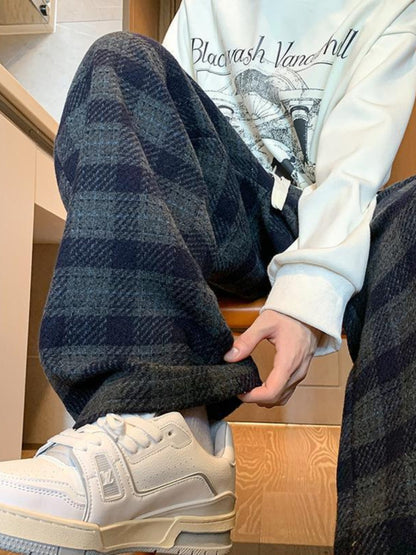 Plaid Pants Men's Spring Fashion Brand Workwear Loose Wide Leg Woolen Autumn And Winter Tide