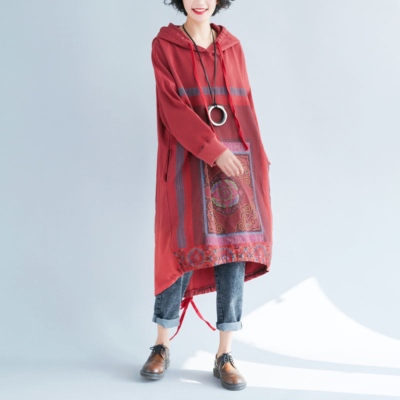 Hooded Sweater Loose Printed Long Dress Gradient Color