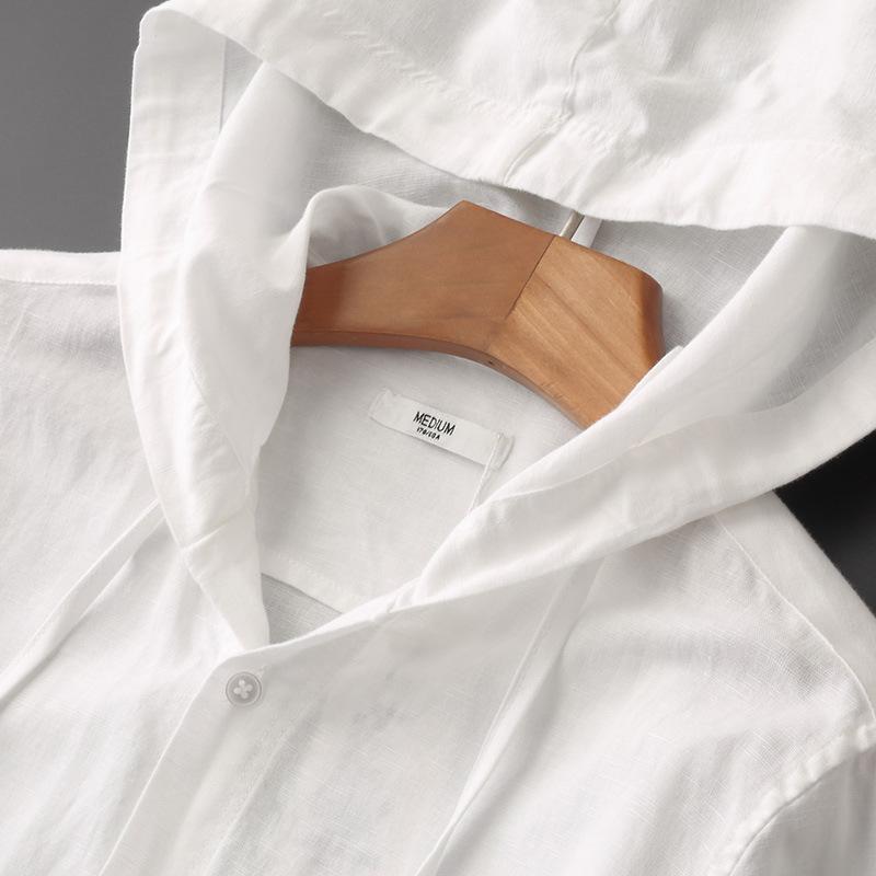 Hooded Long Sleeve Solid Color Linen Shirt